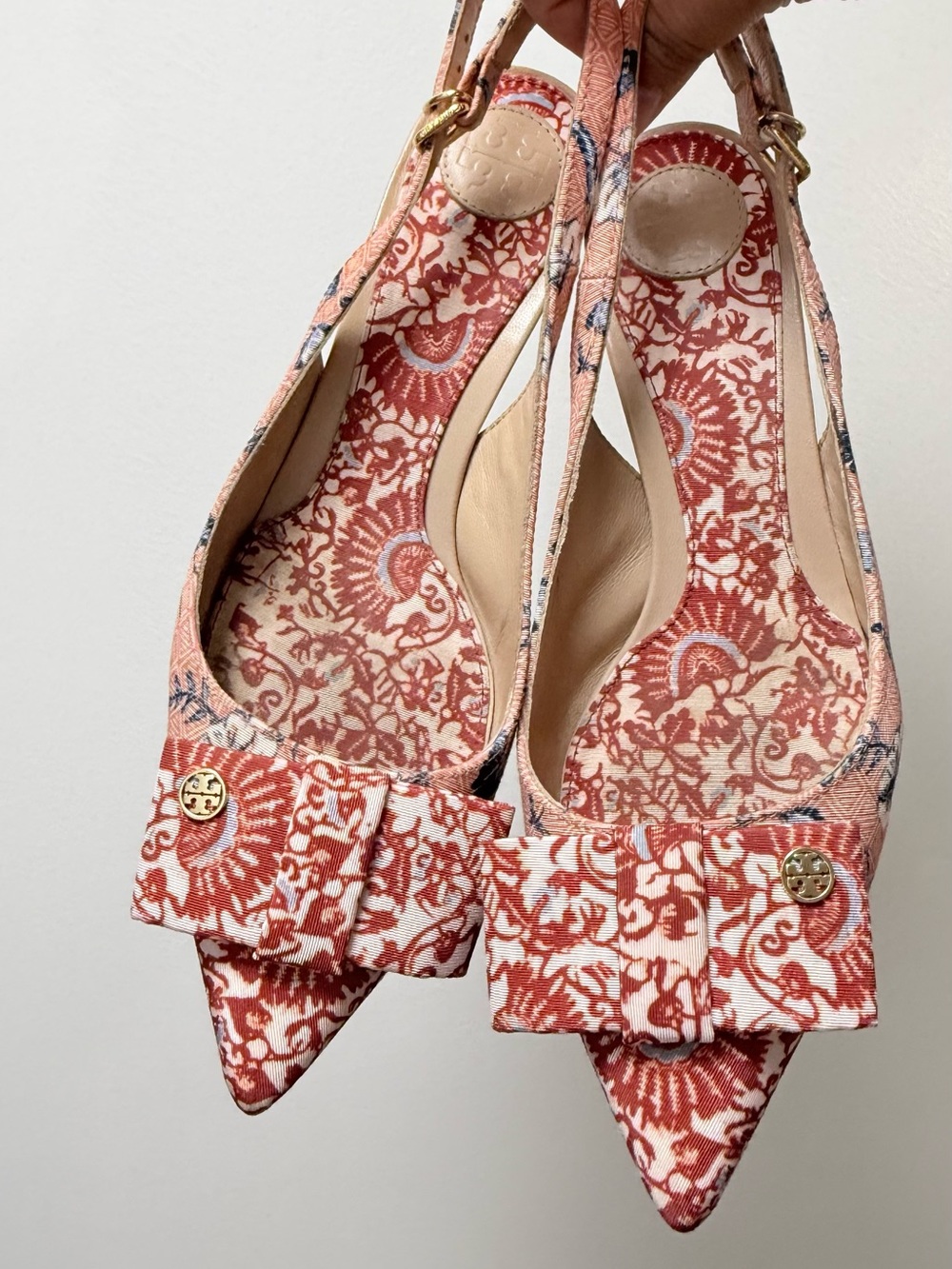 Tory Burch Coral Pink Floral Pointed Slingback Heels
